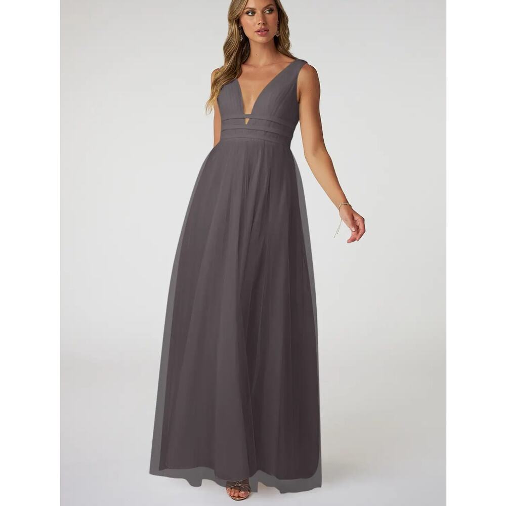 Azazie Katana Chiffon Maxi Dress Grey Size 4 V-Neck Open Back Wedding Bridesmaid
